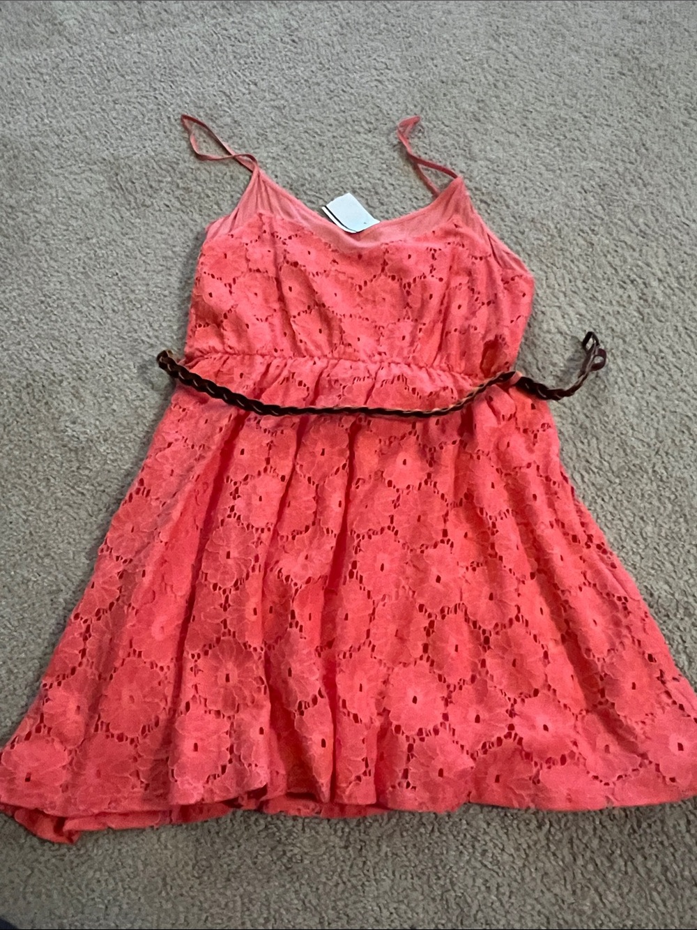 Papaya Coral Lace Mini Dress with Braided Belt